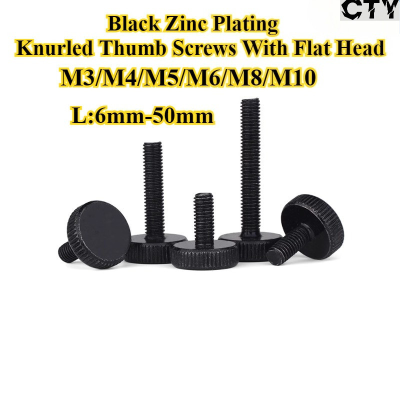[CTY-SBLS] ชุบสังกะสีสีดํา, GB835 Knurled Thumb Screw หัวแบน, M3/M4/M5/M6/M8/M10, สกรูนิ้วหัวแม่มือแ