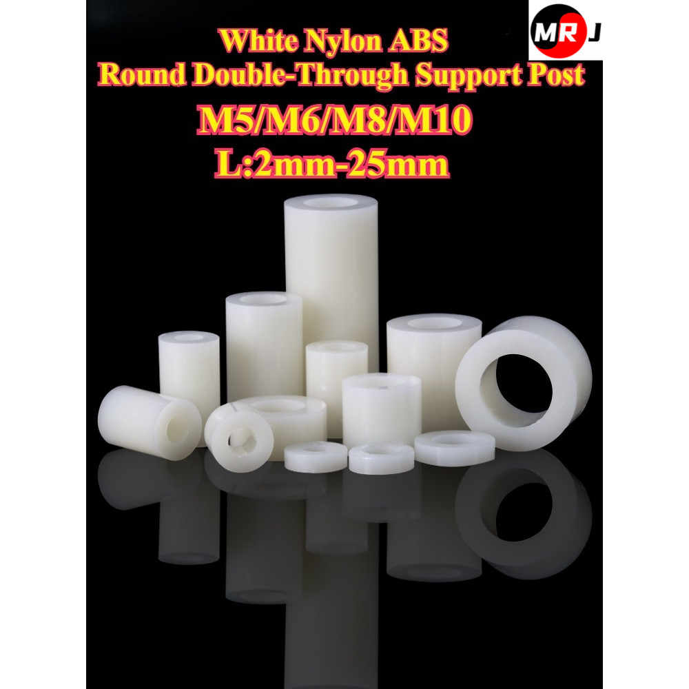 [MRJ-YZ] ไนลอนสีขาว, ABS Round Double-Through Support Post, M5/M6/M8/M10, ตัวเว้นวรรคกลมหุ้มฉนวนพลาส