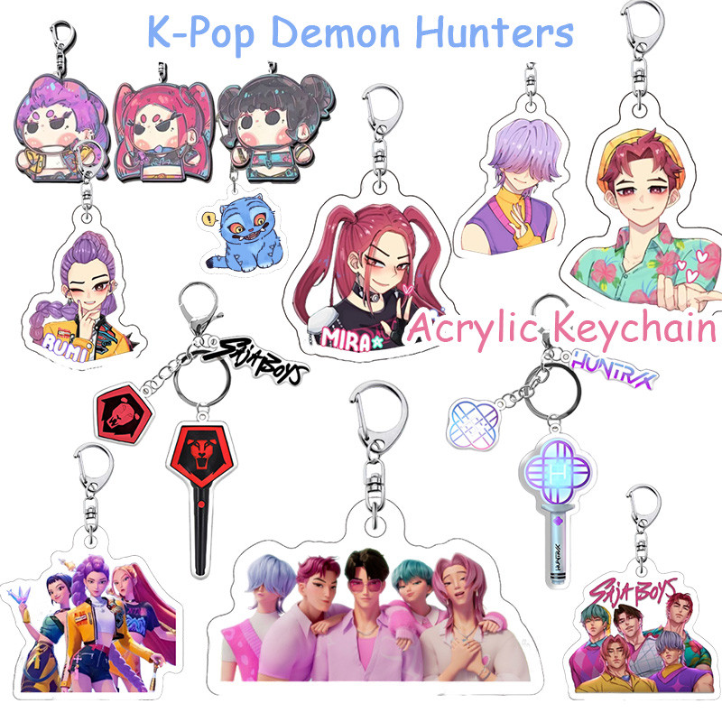 KPop Demon Hunters อะคริลิคพวงกุญแจ Creative 4 ชิ้น Saja Boys Key แหวนตกแต่ง