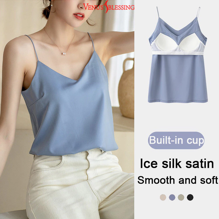 ( Ready Stock ) S-XXL สายเดี่ยว คอวี ไหมน้ำแข็ง มีบราในตัว ไม่ต้องใส่บรา ไม่ต้องติดซิลโคน สะดวกสบายขึ้น 2 in 1 เสื้อชั้นในผู้หญิงแบบ 2 ใน 1 ขนาด