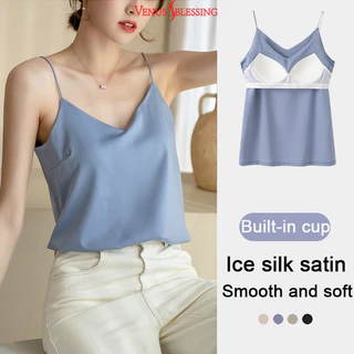 ( Ready Stock ) S-XXL สายเดี่ยว คอวี ไหมน้ำแข็ง มีบราในตัว ไม่ต้องใส่บรา ไม่ต้องติดซิลโคน สะดวกสบายขึ้น 2 in 1 เสื้อชั้นในผู้หญิงแบบ 2 ใน 1 ขนาด