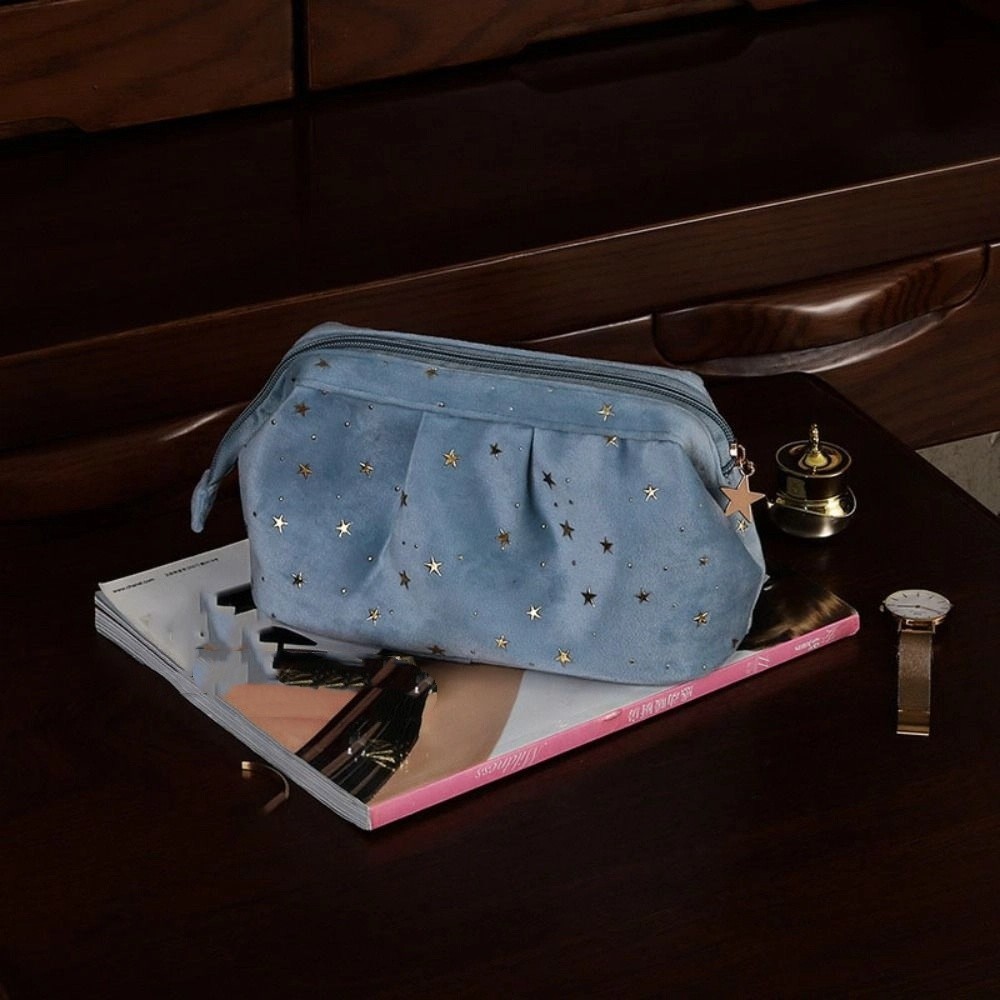 SOLARLINX Shell Shape Makeup Case,ซิปล้างกระเป๋ากํามะหยี่กระเป๋าเครื่องสําอาง,เกาหลีIns Bronzing Starsขนาดใหญ่ความจุกระเป๋าถือกระเป๋าเดินทางล้างหน้า - รูปที่ 4