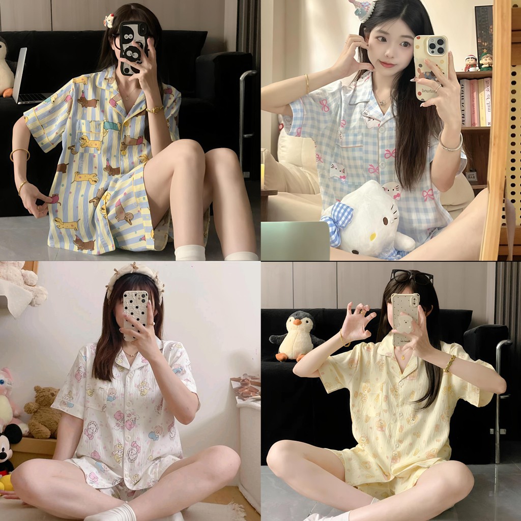 ชุดนอนผ้าไหมญี่ปุ่น รอบอก 44 นิ้ว แขนสั้นและกางเกงขาสั้น ลายการ์ตูนน่ารัก สวมใส่สบายAA