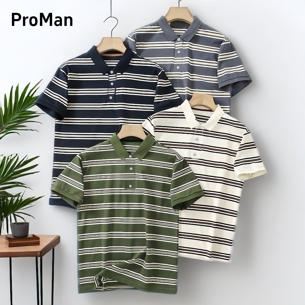 PROMAN เสื้อโปโลผู้ชาย  ลายทาง  ลำลอง  บ้าน  ผ้าระบายอากาศ  ขนาด M-3XL เสื้อผ้าผู้ชายแฟชั่น รับCOD