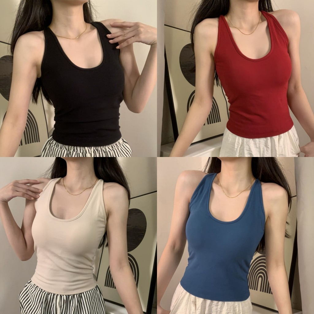 🎀#​เสื้อกล้าม สีพื้น ผ้าร่องเล็กฟิลคาวาอี้ ยืดกำลังดี มีฟองน้ำ เสื้อกั๊ก สไตล์ลำลอง เข้ากับทุกการแต่งกาย