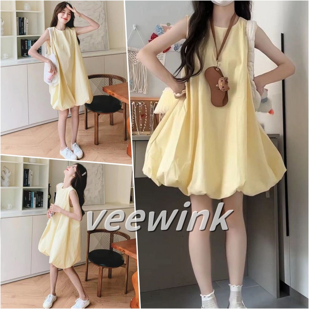 Veewink พร้อมส่งจากกทม ชุดเดรสสายเดี่ยวสีเหลือง ทรงปุกปุย ใส่สบาย สำหรับนักเรียน หน้าร้อนใหม่