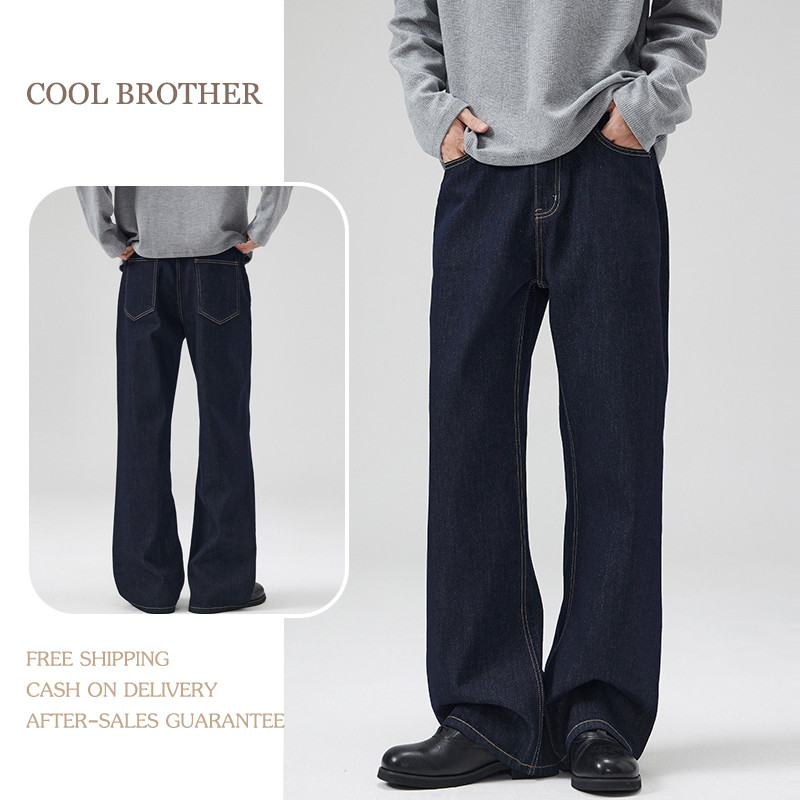 กางเกงยีนส์สีน้ำเงินเข้มสไตล์ย้อนยุคอเมริกัน ทรงตรงหลวม สวมใส่สบาย