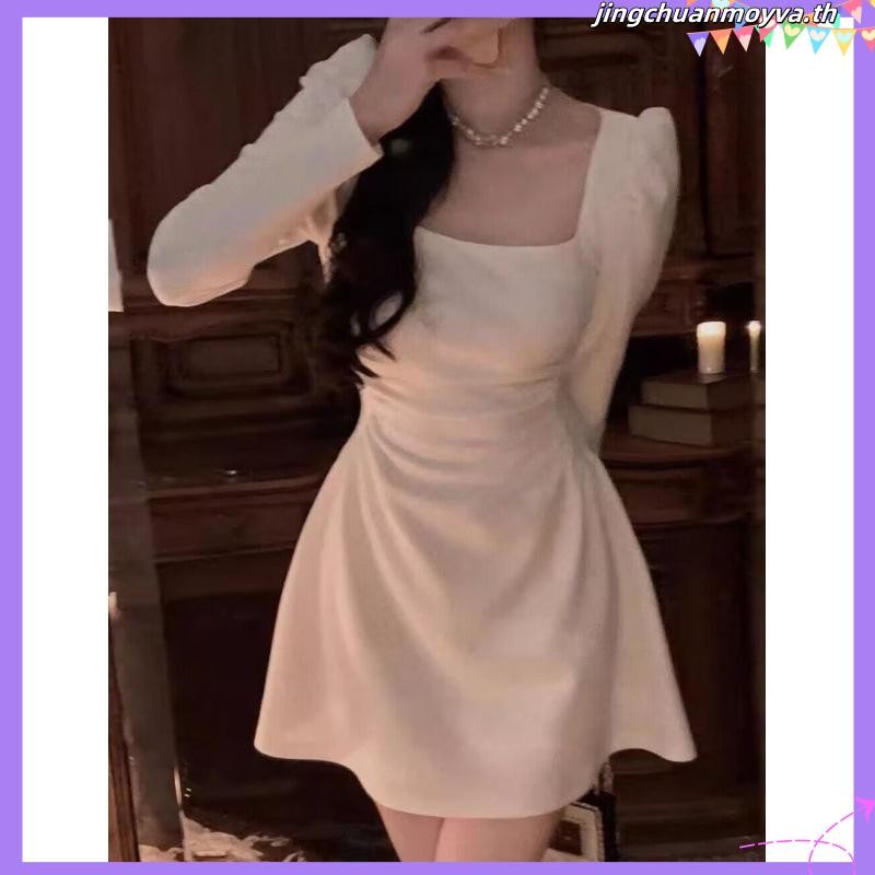 Gjcute ชุดเดรสแขนพัฟ คอสี่เหลี่ยม แขนยาว หรูหรา สีขาว สําหรับผู้หญิง WTD