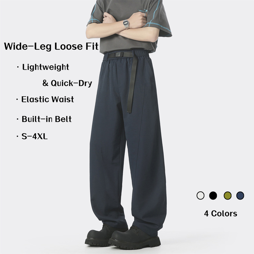 MenS Wide-Leg Pants,Loose Straight,Quick-Dry Lightweight,Elastic Waist,Built-in Belt,Baggy Slack Pan