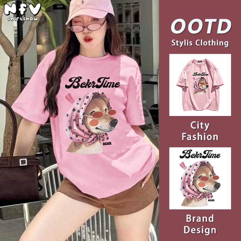 NFV เสื้อยืดแขนสั้นคอกลม แฟชั่นเกาหลี ลายพิมพ์หมาพันด์ ระบายอากาศ ใส่สบาย สาวอ้วน ทรงหลวม YG1519