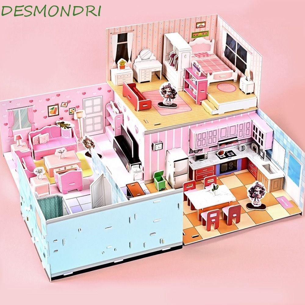 Desmndri DIY ปริศนาห้องตุ๊กตา, ห้องนอนห้องครัวแกล้งเล่นบ้านตุ๊กตากระดาษ, ชุดอาคารห้องนั่งเล่นกระดาษแข็งห้องน้ํา 3D กระดาษปริศนาห้องอนุบาล