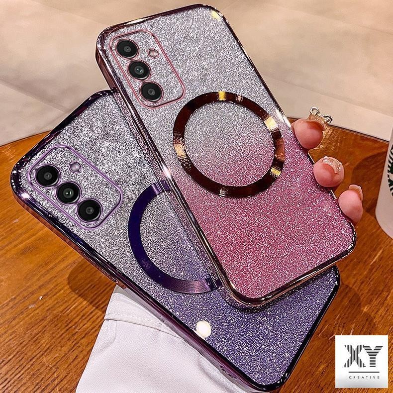 เคส Samsung A55 A15 A25 A35 A05S A04S A14 A24 A34 A54 5G เคสโทรศัพท์กลิตเตอร์ชุบหรูหราพร้อมแม่เหล็กดูดและเลนส์ป้องกันการตกสําหรับครอบคลุมเต็มรูปแบบ เคสโทรศัพท์ Samsung A55 A15 A25 A35 A05S A04S A14 A24 A34 A54 5G