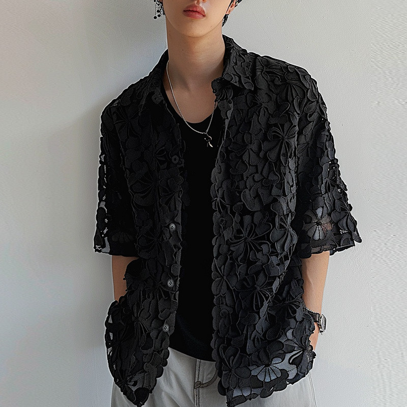ผู้ชายเกาหลีแฟชั่นดอกไม้ดูผ่านเสื้อลําลองแขนสั้น