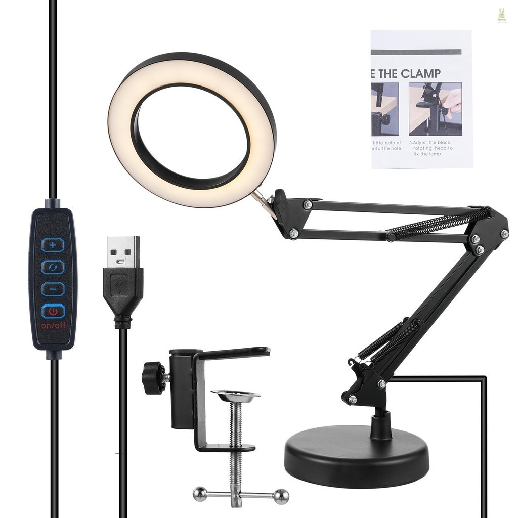 แว่นขยาย 10X พร้อมไฟ Stepless หรี่แสงได้ 2-in-1 โคมไฟตั้งโต๊ะและ Clamp ปรับสวิงอาร์ม LED Lighted โคมไฟตั้งโต๊ะแฮนด์ฟรีโคมไฟแว่นขยายสําหรับ Craft Hobby Close Works Painti