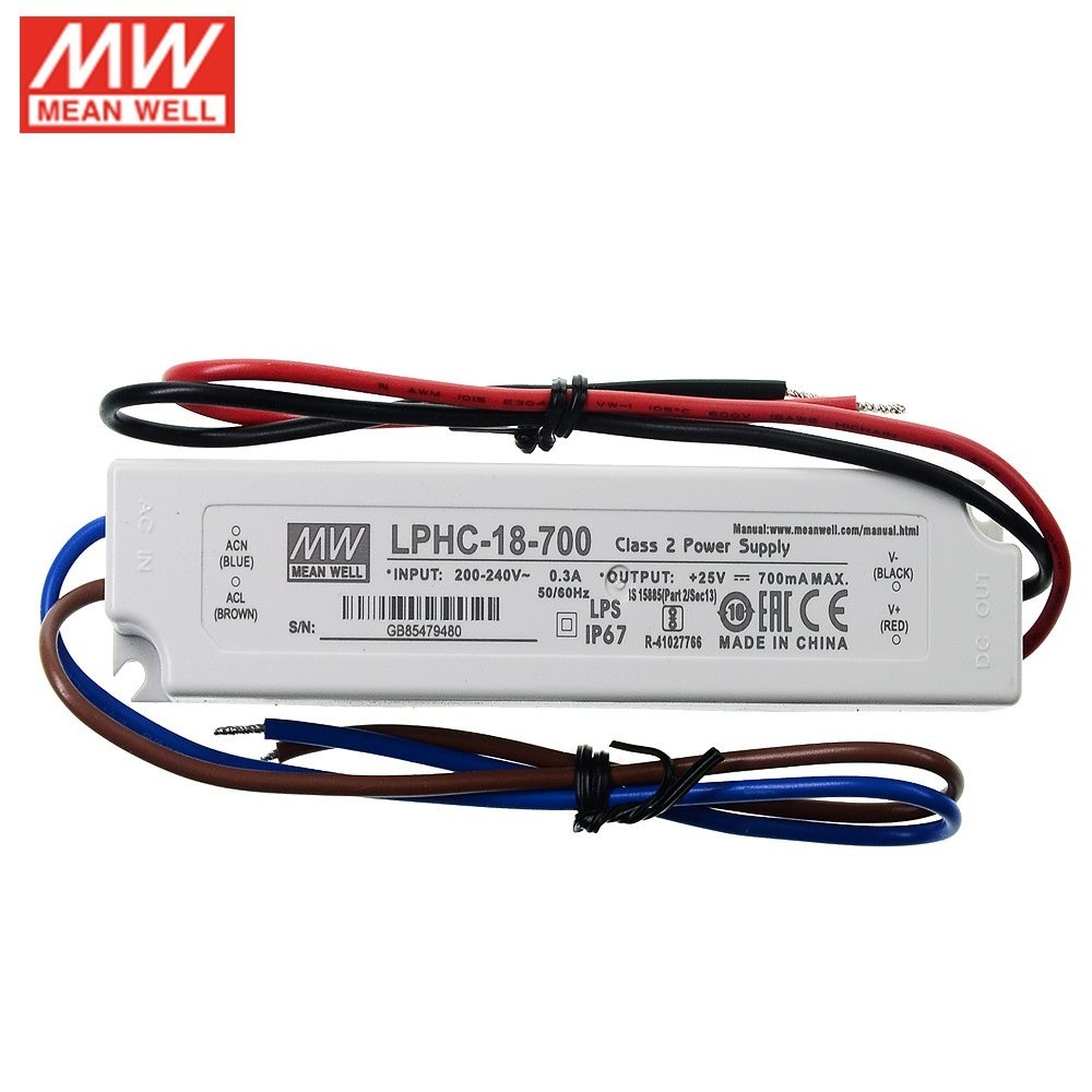 ② LPHC-18-700 MEAN WELL อินพุตไดรเวอร์ LED 220V AC ถึง6 ~ 25V DC 700mA 17.5W IP67กันน้ำเปลี่ยน Po