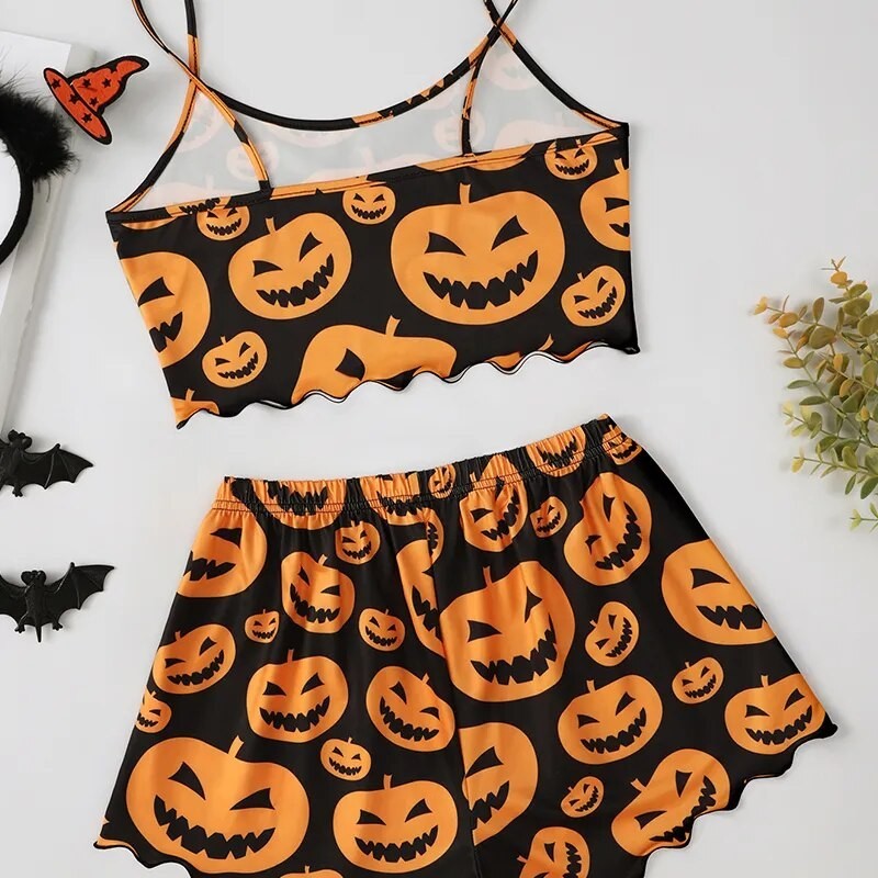 Halloween Pumpkin Print Pajama Set Spooky Pumpkin Head Print Round Neck Camisole Top and Pumpkin Let