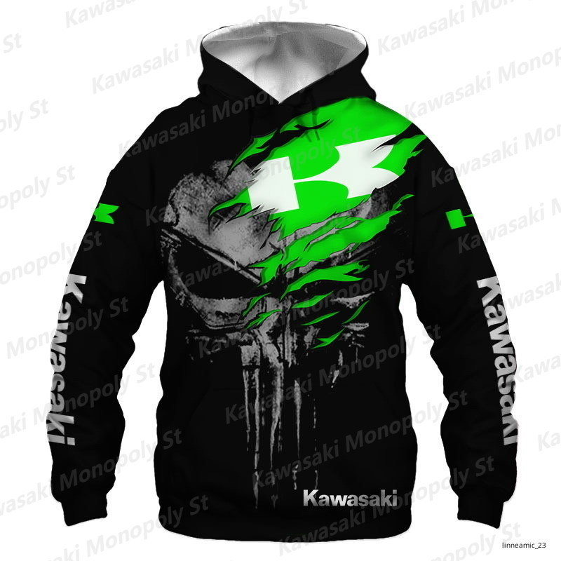 KAWASAKI คาวาซากิ-ผู้ชายและผู้หญิงเสื้อกันหนาวมีฮู้ดลายกะโหลก ชุดวอร์มแขนยาว หัวรถจักรหนัก suburban streets ใหม่สําหรับ 2024