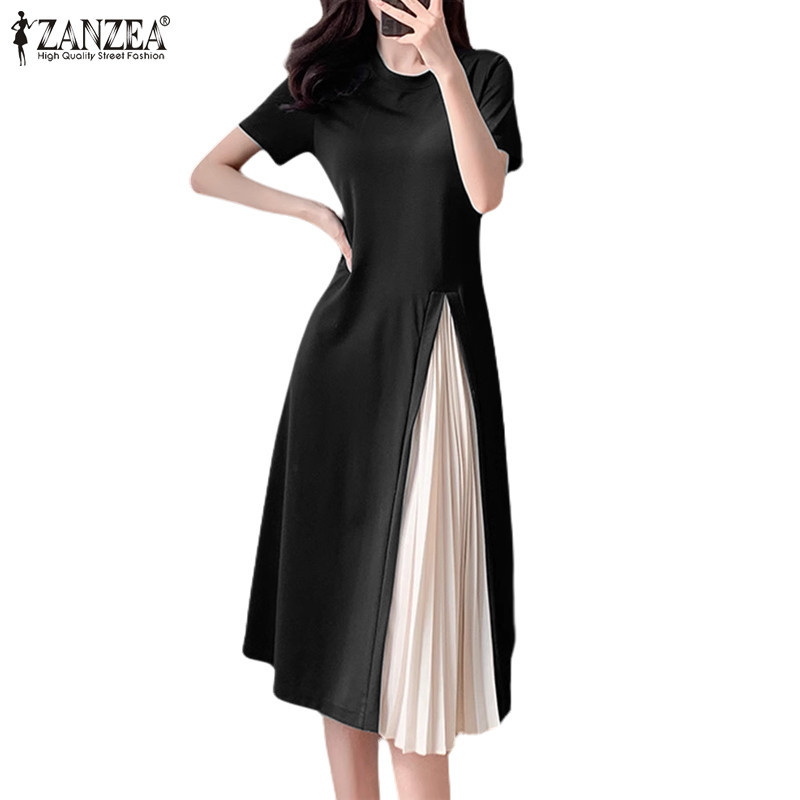 ZANZEA ซานเซีย ชุดเย็บปะติดปะต่อกันคอกลมแขนสั้นแฟชั่นเกาหลีสําหรับผู้หญิง