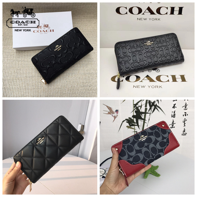 ของแท้ 100% Coach กระเป๋าสตางค์ใบยาวผู้หญิงกระเป๋าสตางค์ซิปลายนูนมีในสต็อก 53637