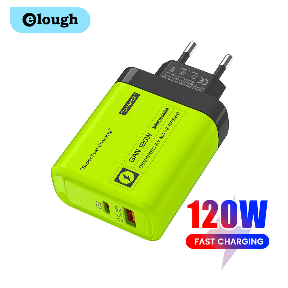 Elough 120W USB + PD Fast Charger ชาร์จเร็วสุด Protocol A + C PD Type C Charger สําหรับโทรศัพท์มือถือแท็บเล็ต EU/US Plug