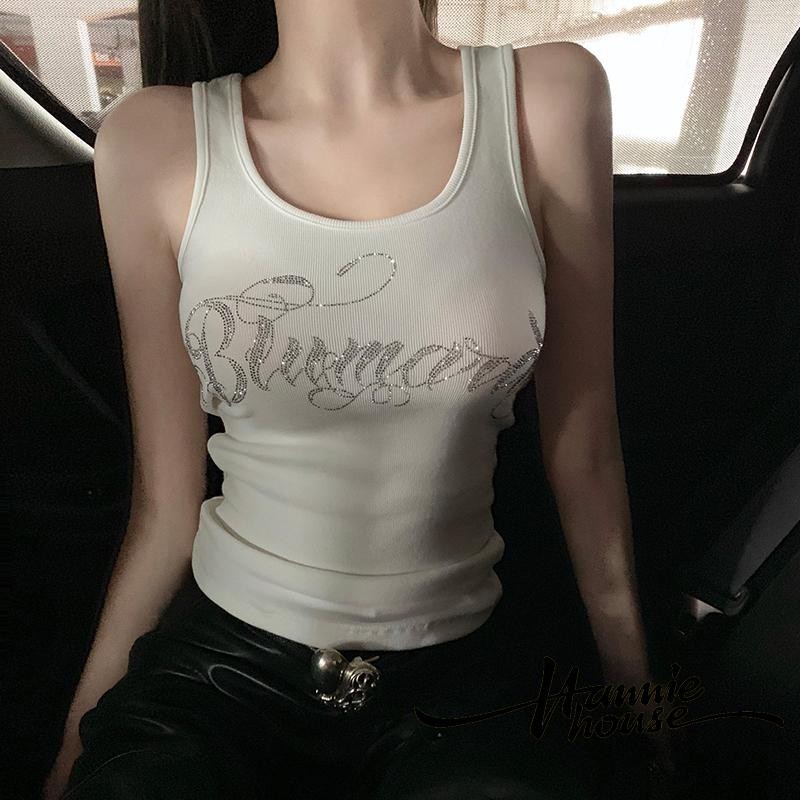 Hanie House- ผู้หญิงs แขนกุดตักคอ Slim Fit ฤดูร้อน Rhinestone Letter Tank Tops