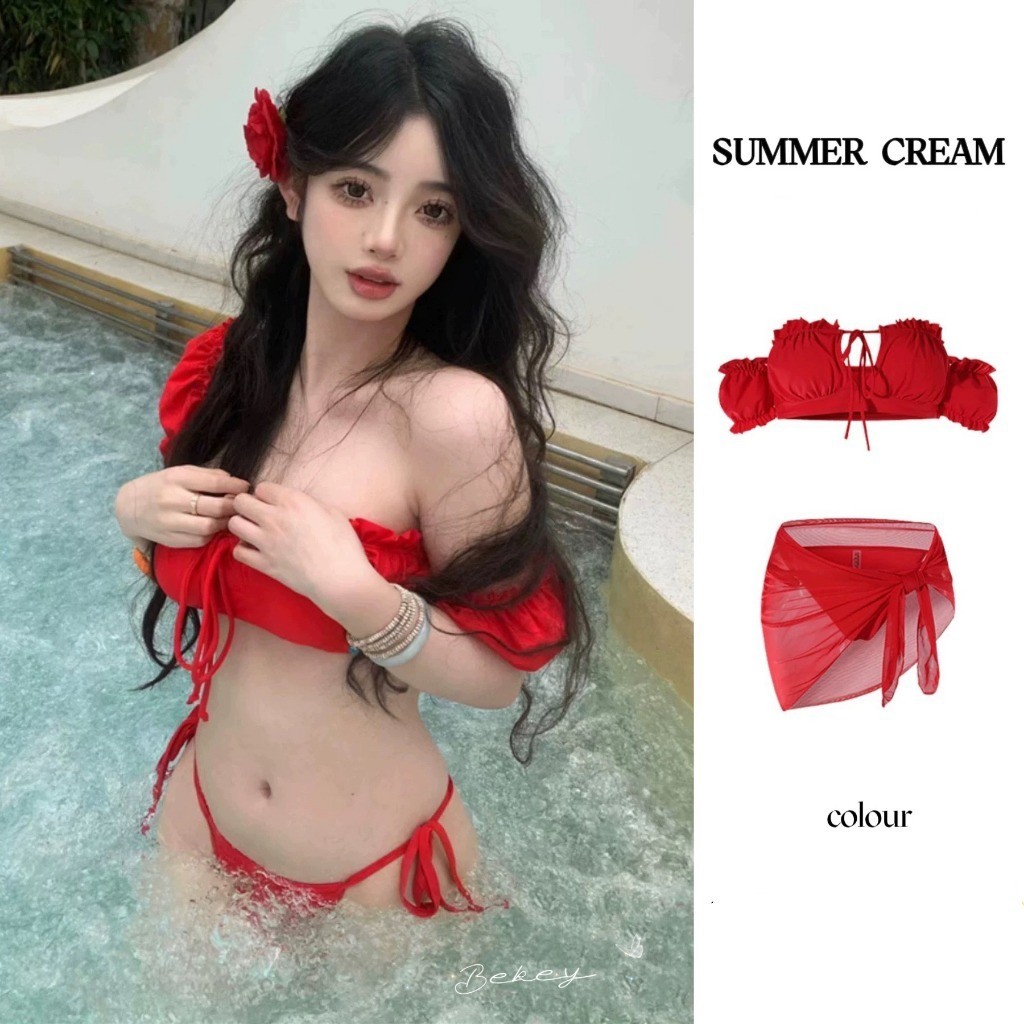 (พร้อมส่งจากกรุงเทพ ) ชุดบิกินี่ 4 ชิ้นแฟชั่นผู้หญิง ชุดว่ายน้ำผ้ากอซสีแดง ของใหม่ (มีแผ่นซับน้ำนม)