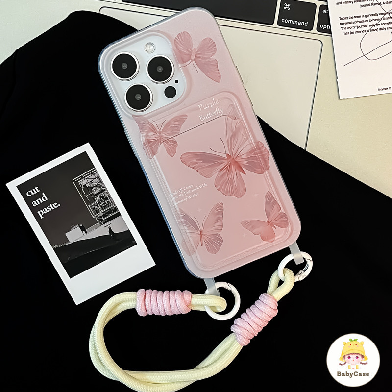 ฝันผีเสื้อสีม่วงตัวอักษรภาษาอั ช่องใส่บัตรพร้อมสายคล้อง เคสIPhone 11 15 13 14 12 Pro Max X XS XR Max 7 8 14 Plus SE 2020