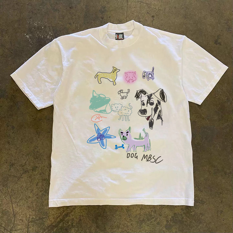 COD✅ (จัดส่งในกรุงเทพฯ) MAO Shop Printed T-shirt, อเมริกันดินสอสีสุนัขสัตว์ oversize สีขาว สไตล์ยอดนิยมที่เรียบง่าย