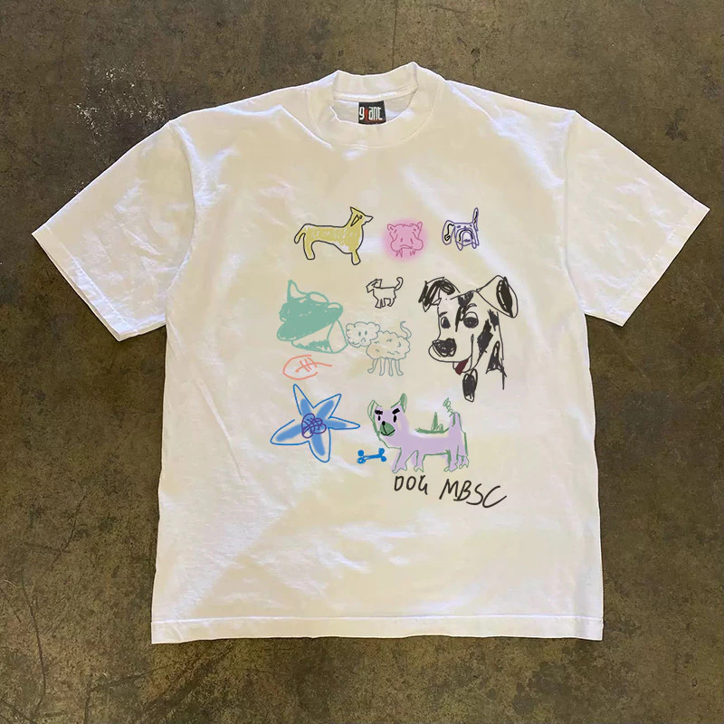 COD✅ (จัดส่งในกรุงเทพฯ) MAO Shop Printed T-shirt, อเมริกันดินสอสีสุนัขสัตว์ oversize สีขาว สไตล์ยอดนิยมที่เรียบง่าย