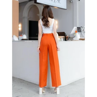 G94 กางเกงทรงขากระบอก ตะขอหน้า แต่งหูเข็มขัดคู่ 9 ส่วน ผ้าเปเป้ Pants ผู้หญิง Clothing เสื้อผ้า Women Lady