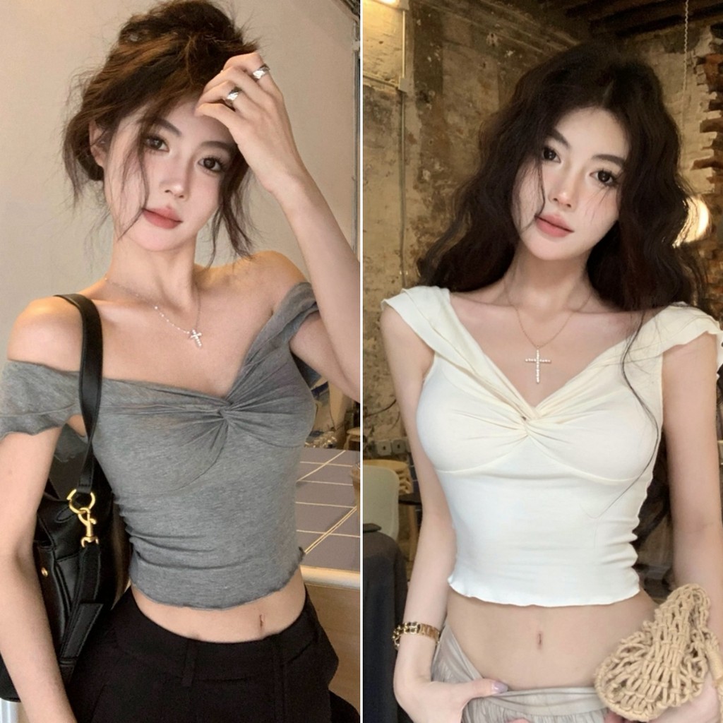 Hotgirl พร้อมส่ง✨เสื้อกล้ามผู้หญิง เสื้อยืดแขนกุด ผ้ายืดปาดไหล่สั้น แขนกุดปาดไหล่เซกซี่  ดีไซน์เก๋ไก้ รุ่นใหม่ล่าสุด