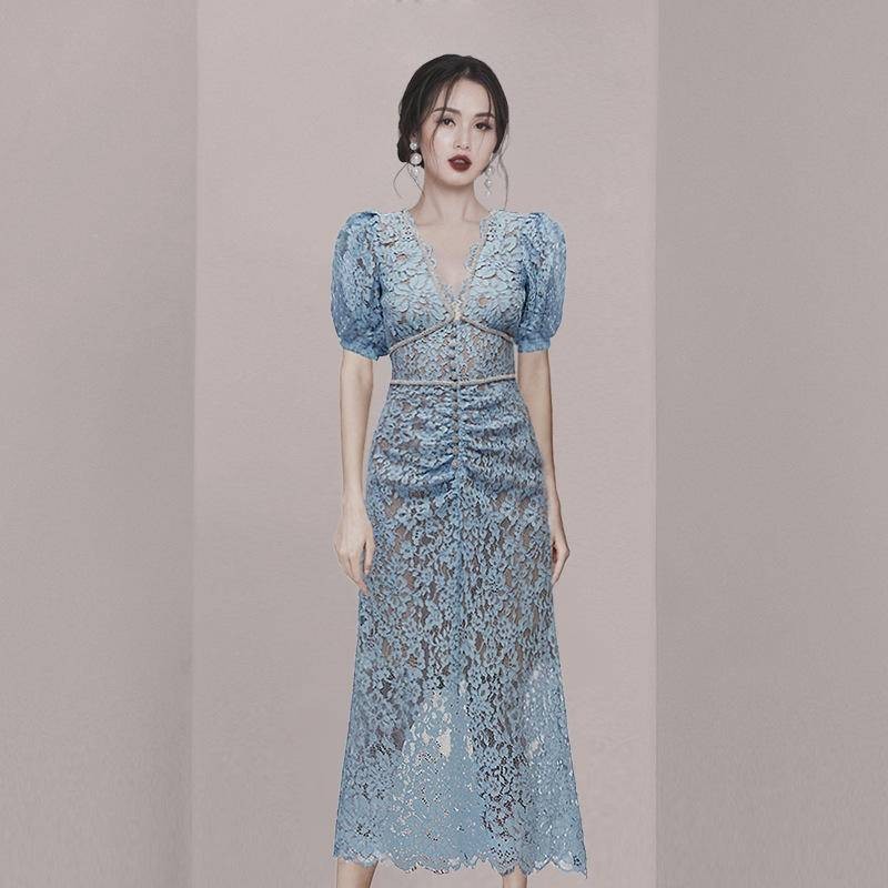 [M & A] Vietnam Niche Design Blue French Daily Wearable Dress Dress European American Celebrity Clas