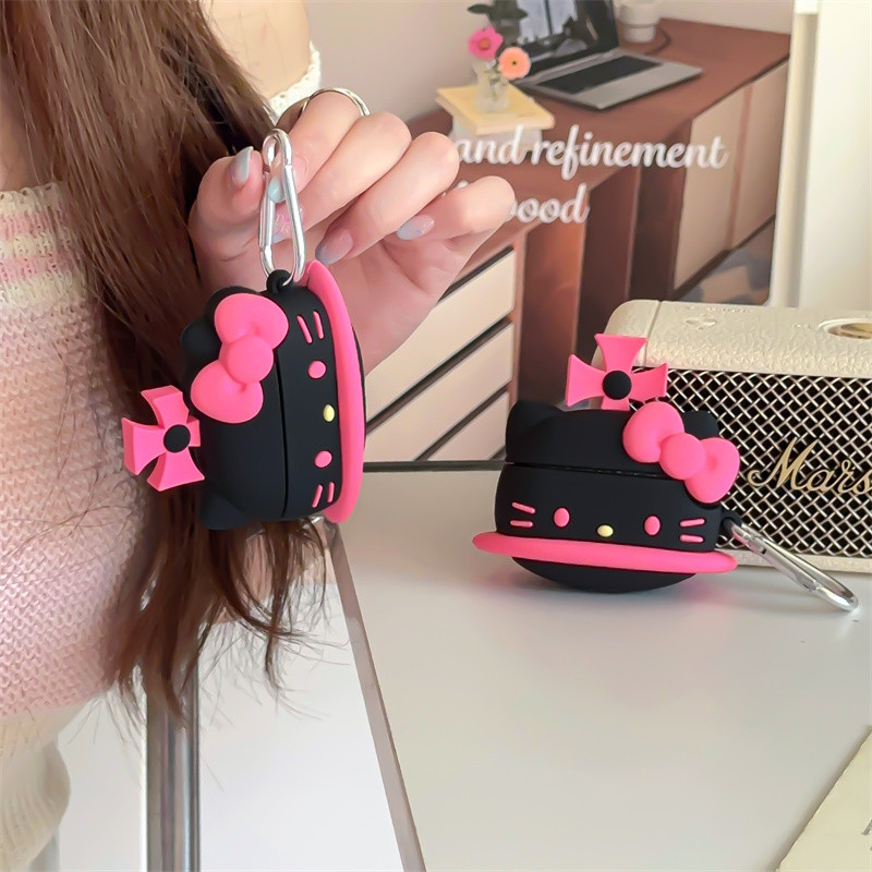 เคส แอร์พอด คิตตี้สีดําเข้ากันได้สําหรับ แอร์พอด 1/2/3 แอร์พอด มือโปร แอร์พอด มือโปร2 ซิลิกาเจลบลูทู ธ หูฟังไร้สายป้องกันฝาหลังกร