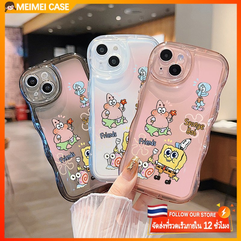 ไทยส่ง ใช้ได้ iPhone 11 13 12 14 15 Pro MAX 8 7 6S Plus X XR XSMAX ไล่ระดับสี SpongeBob คลื่นฟองกันกระแทกกรณีโทรศัพท์