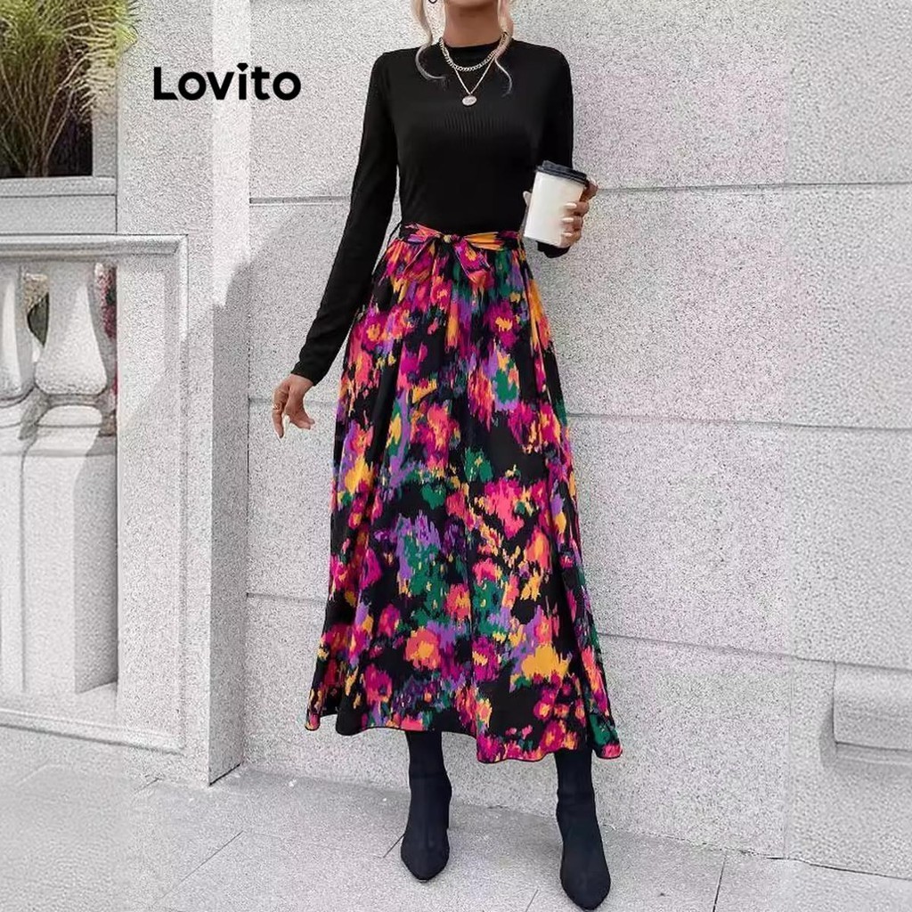 Lovito ชุดเดรสผู้หญิง มีสายผูกเอว ลายดอกไม้ สไตล์โบโฮ LNL61181