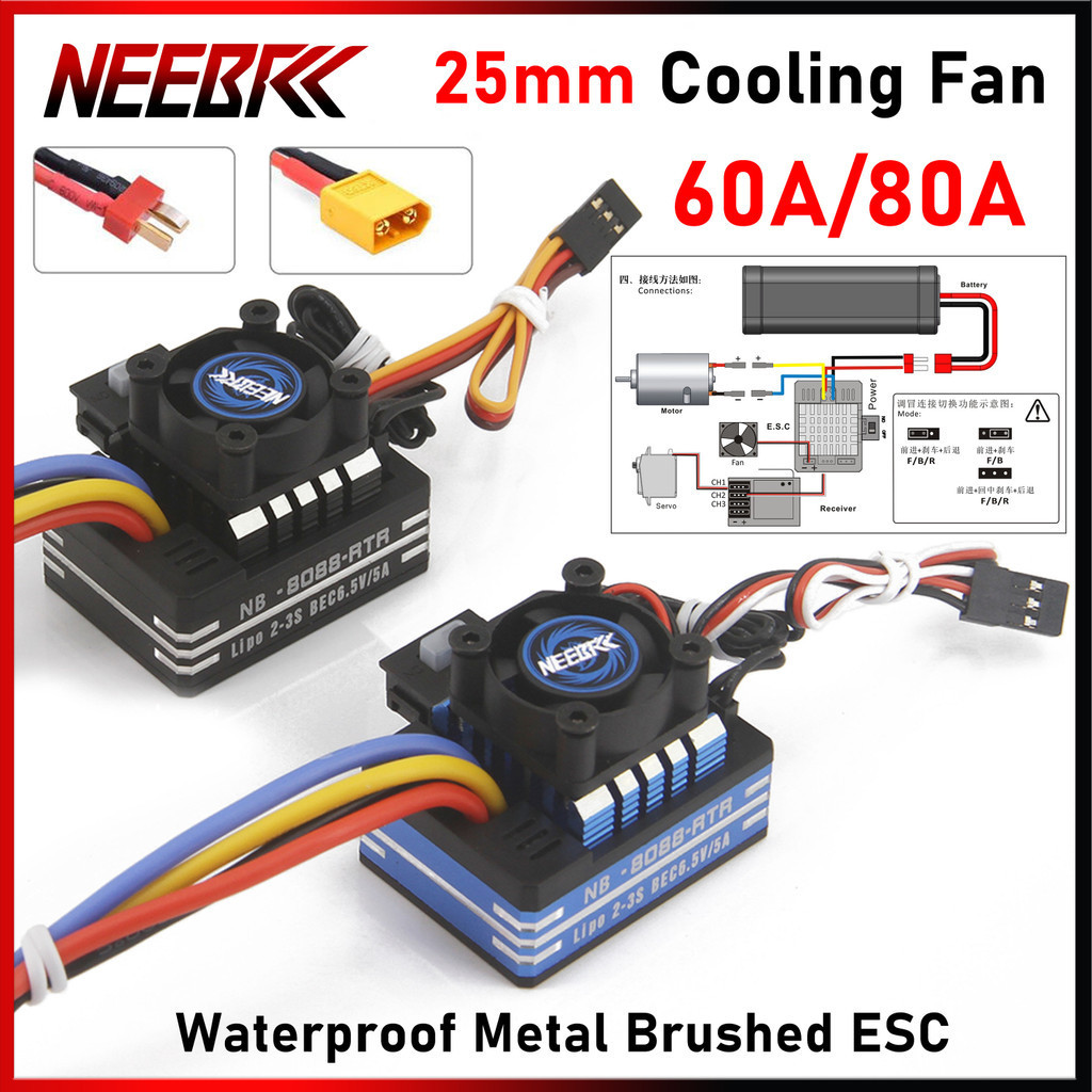 Neebrc 60A 80A กันน้ําโลหะแปรง ESC 2-3S BEC 25 มม.RC พัดลมระบายความร้อนฮีทซิงค์สําหรับ 540 550 750 มอเตอร์ยานพาหนะเรือถังรถ