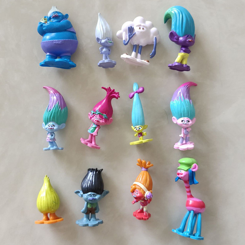 12 ชิ้น/เซ็ต 3-6 ซม.Trolls อะนิเมะรูป Poppy สาขาเจ้าหญิง Biggie Guy เพชร Smidge Cloud Cooper รุ่น Q PVC ตัวเลขการกระทําตุ๊กตาของเล่น