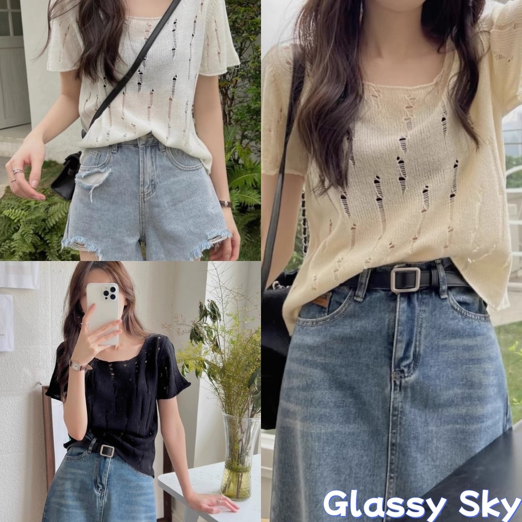 Glassy Sky พร้อมส่ง เสื้อถักไหมพรมแขนสั้น คอกลม มินิมอลดีเทลแต่ขาดๆ ผ้านิ่ม สวมใส่สบาย(42CX38)