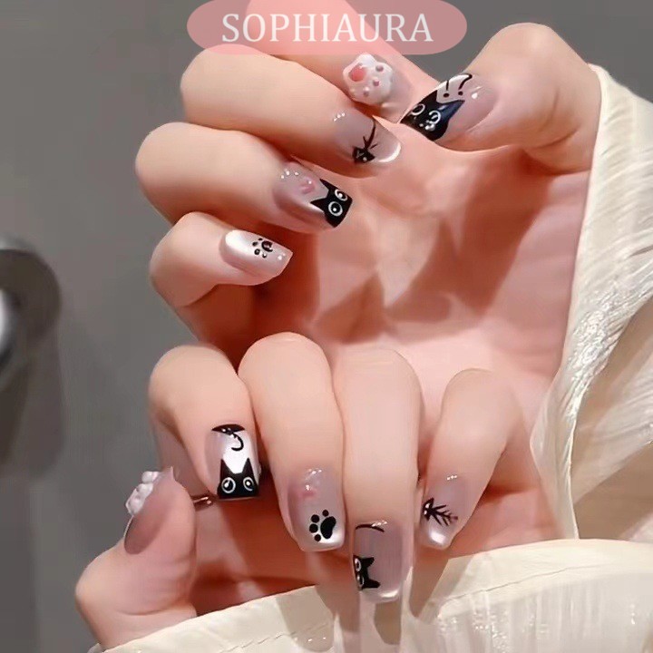 Sophiaura เล็บปลอมแมวน้อยสั้นทรงสี่เหลี่ยม Cat Eye Design กดบนเล็บสําหรับสาวนํากลับมาใช้ใหม่เล็บปลอมด้วยกาวสติกเกอร์