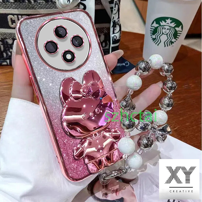 เคสโทรศัพท์ OPPO Reno 12F 12 Pro 5G 11F 5G 11 Pro 10 Pro 5G กระต่ายน่ารักวงเล็บกระจกหรูหรานุ่มกันกระแทกฝาหลังพร้อมสร้อยข้อมือเชือกแขวน เคส OPPO Reno 12F 12 Pro 5G 11F 5G 11 Pro 10 Pro 5G