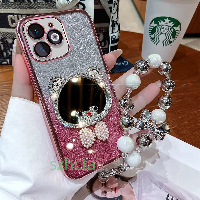 เคสโทรศัพท์ tecno spark go 2024 bg6 bg7 infinix smart 8 hot 40i spark 20 20c x6525 kj5 x6528b pop 8 กระจกแต่งหน้าหูหมีมงกุฎหรูหราพร้อมเชือกเส้นเล็ก เคส tecno spark go 2024 bg6 bg7 infinix smart 8 hot 40i spark 20 20c x6525 kj5 x6528b pop 8