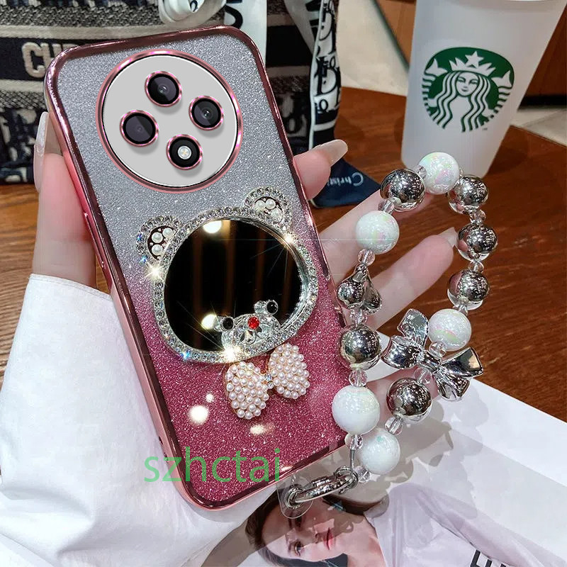 เคสโทรศัพท์ OPPO Reno 12F 12 Pro 5G 11F 5G 11 Pro 10 Pro 5G กระจกแต่งหน้าหูหมีมงกุฎหรูหราพร้อมเชือกเส้นเล็ก เคส OPPO Reno 12F 12 Pro 5G 11F 5G 11 Pro 10 Pro 5G