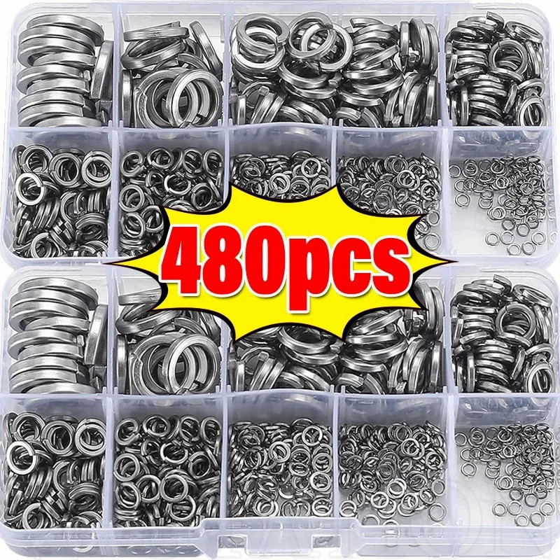 480 ชิ้น/กล่องสปริงเครื่องซักผ้า - Multisize Flat Washer - 304 สแตนเลส, คุณภาพสูง, ทนทาน - M2-M12 โลหะ O แหวนปะเก็นแบน Fasteners - ฮาร์ดแวร์ Assortment ชุด