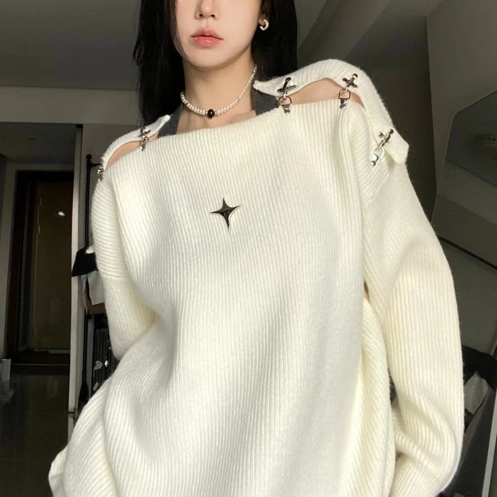 Aircraft Buckle Hollow off-Shoulder Sweater Top Knitwear off-ShoulderinsDesign Hot Girl2022Sweater Autumn
