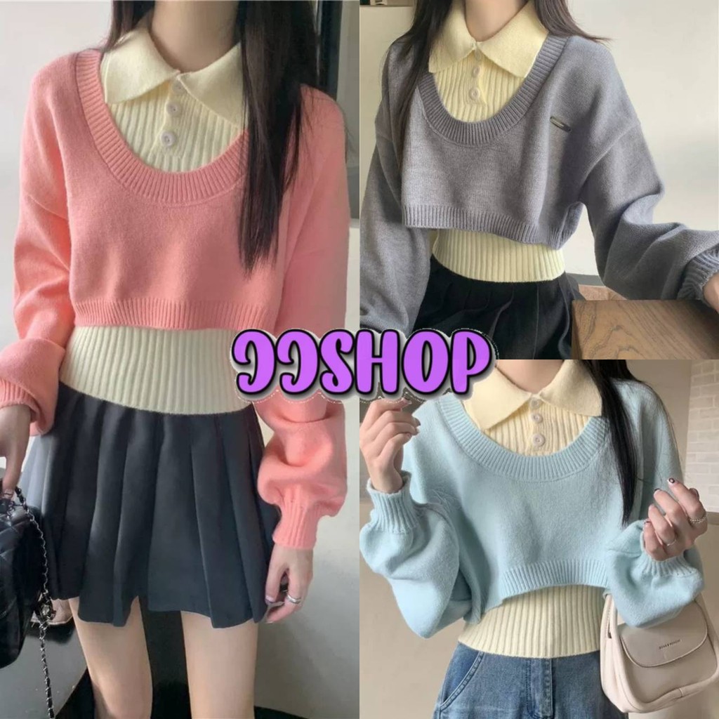 JJ Shop​ ​พร้อมส่ง เสื้อแขนยาวครอป +กล้ามไหมพรม สไตล์เกาหลี สีพาสเทล คาวาอี้"CZ953"