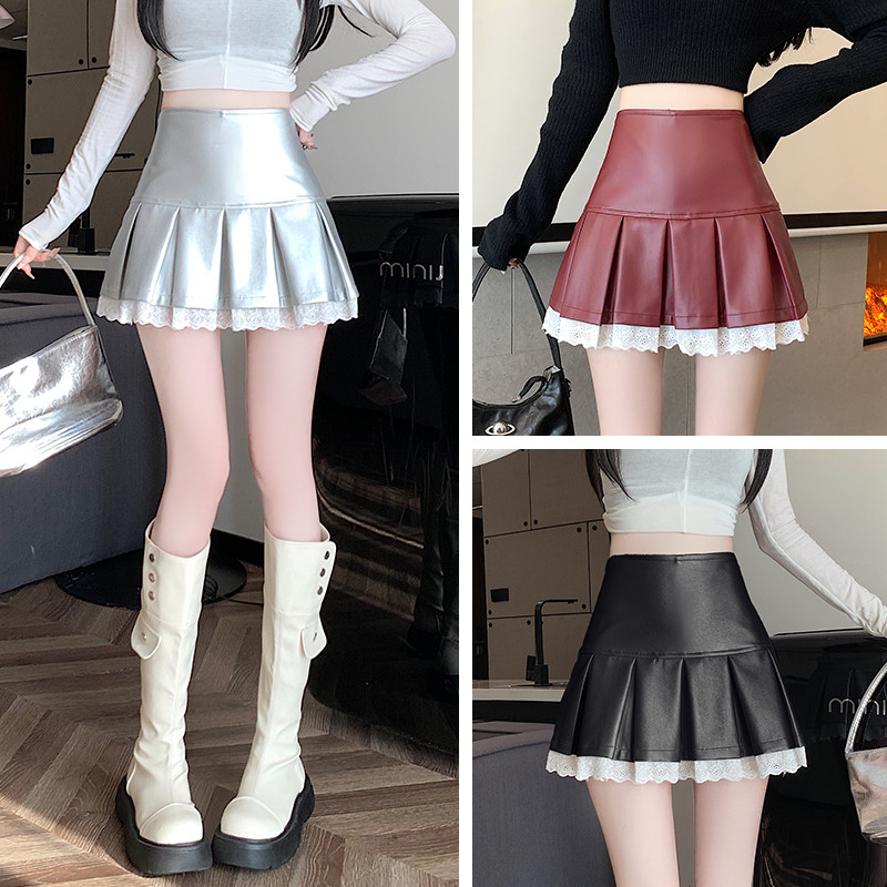 ฤดูใบไม้ร่วงใหม่ของผู้หญิงเวอร์ชั่นเกาหลีขอบลูกไม้ประกบเอวสูง ก-เส้น จีบกระโปรงหนัง ปู่ 240827