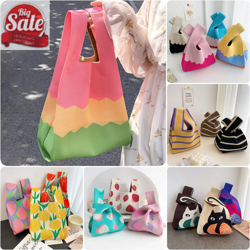 Af แฟชั่น Handmade ถักกระเป๋าถือผู้หญิง Mini Knot สายรัดข้อมือเกาหลี Casual Tote กระเป๋านํากลับมาใช้ใหม่ถุงช้อปปิ้ง A