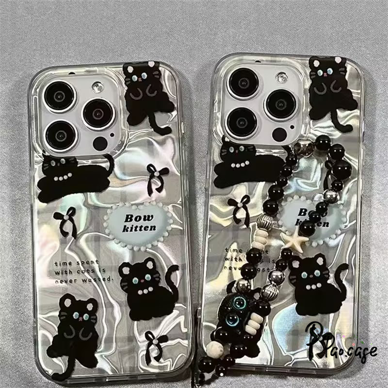 แมวดำน่ารักตัวเรือนคลื่นน้ำสุดหรูเข้ากันได้กับ เคสไอโฟน 11 15 XR 13 7Plus 14 12 Pro Max 14 15 6 8Plus X XS Max ปกอ่อน