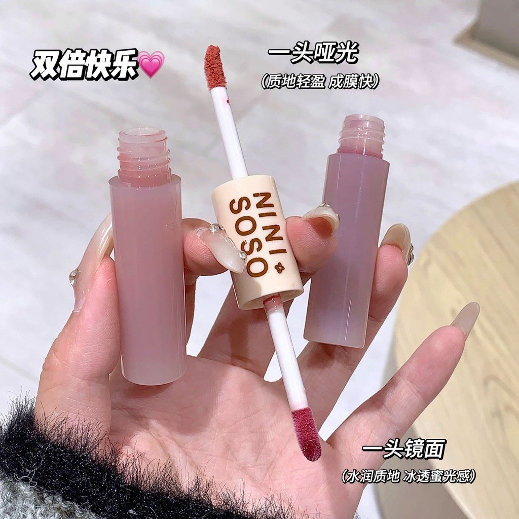 ลิปกลอสสองหัวเซ็กซี่สีแดงลิปแต่งหน้าลิปโคลนกระจกน้ํากลอสลิปเคลือบเคลือบลิปสติกกันน้ําเครื่องสําอางเกาหลี