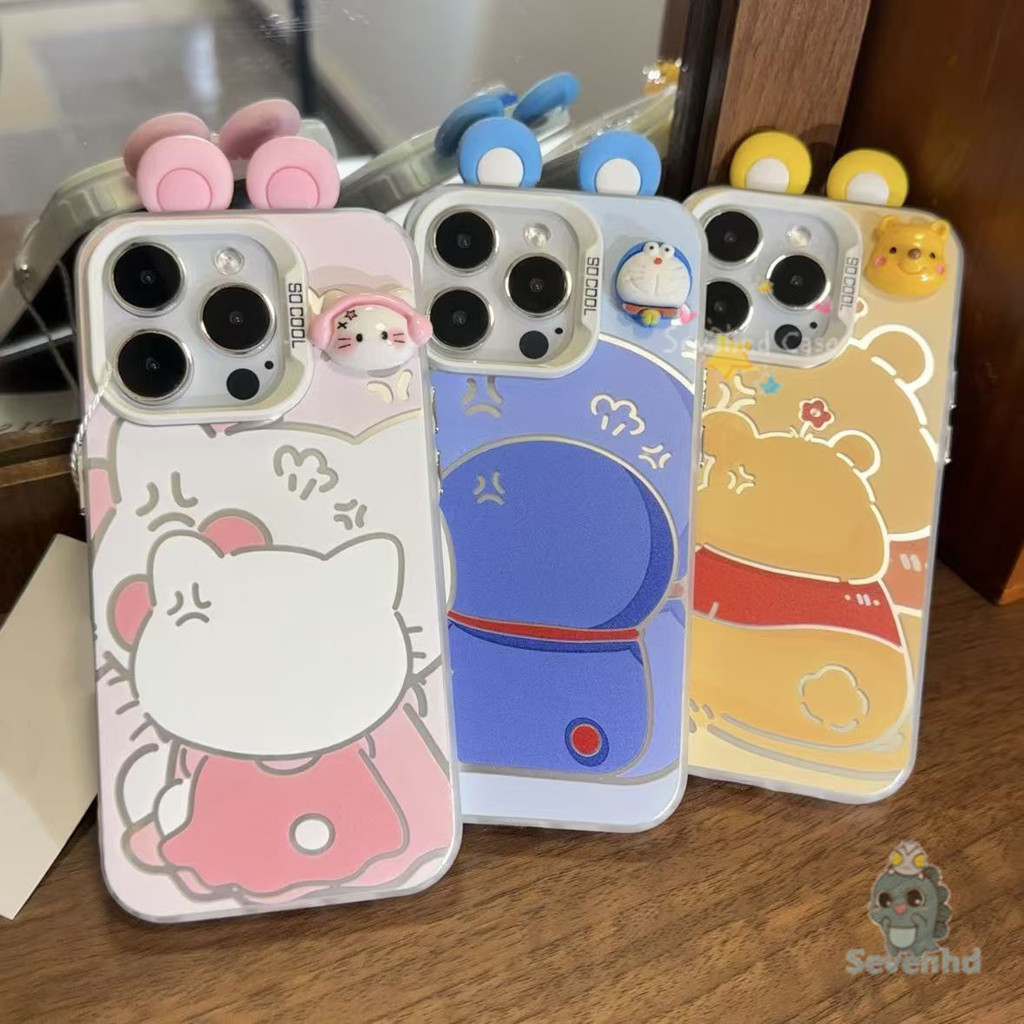 ปลอกสําหรับiphone 11 13 14 15 16 12 Pro Max 8 7 Plus Xr X Xs Maxน่ารักDoraemon Cute Kitty Pooh Bear Angryเคสโทรศัพท์ + 3DหูDIYตุ๊กตาชุบกันกระแทกปกหลังป้องกัน